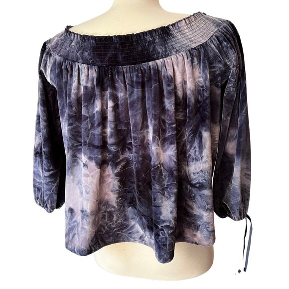 American Eagle Outfitters Velour Peasant Blouse Sz Small Blue Velvet Tie Dye - Picture 2 of 9